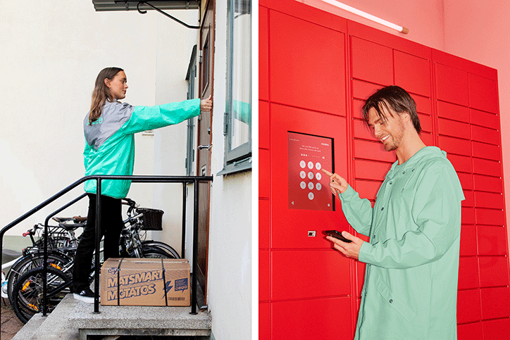 Budbee hemleverans och person som använder Instaboxskåp
